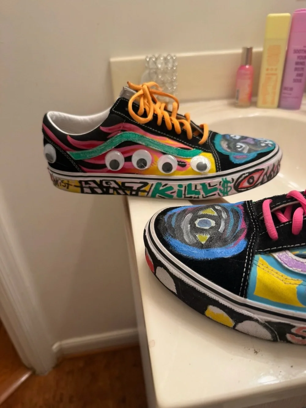 Vans Hand-Painted Multicolor Canvas Sneakers with Pink & Orange Laces